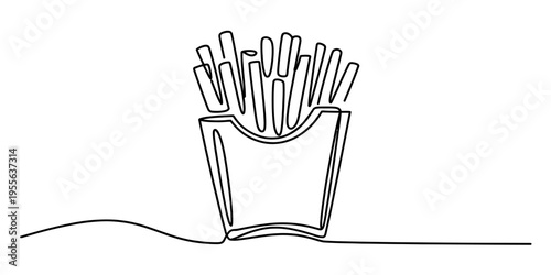 Minimalist continuous line drawing of french fries served in a classic paper takeaway container Vector, illustration