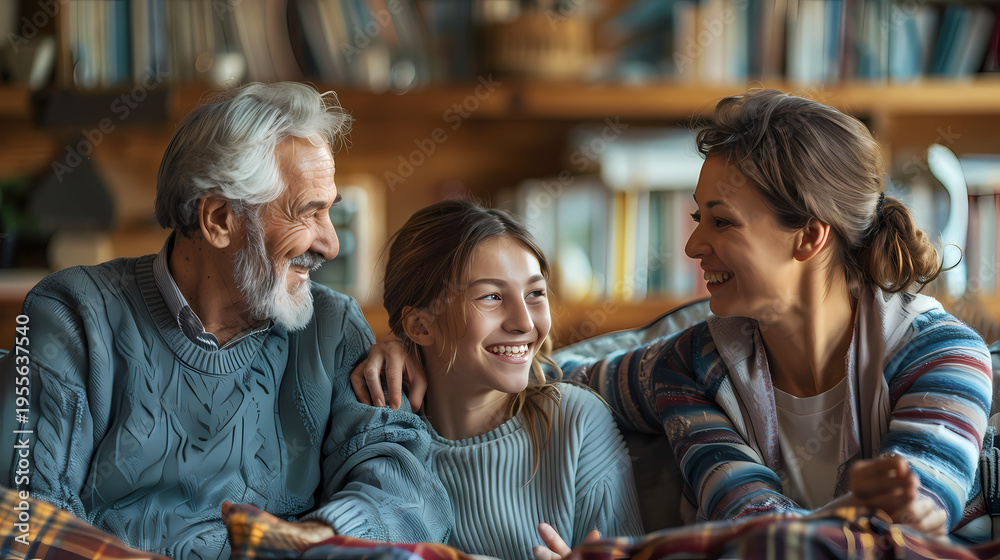 Obraz premium Joyful multigenerational family scene featuring grandparents, parents, and grandchildren sharing warm, happy moments together indoors and outdoors.