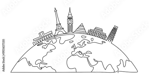 A simple black and white line drawing of famous global landmarks situated on top of the planet earth Vector, illustration