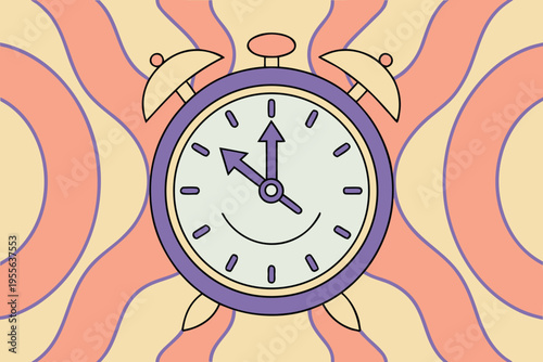 Purple alarm clock on wavy orange and yellow background