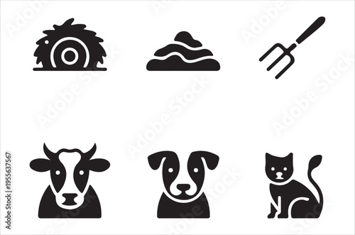 Farm animal icons with hay bale manure and gardening tools
