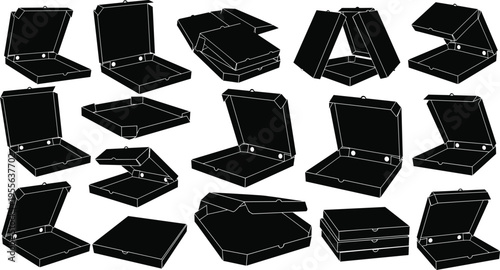 Vector silhouette collection of open and closed pizza boxes in various angles and perspectives isolated on white background for delivery and packaging design projects.