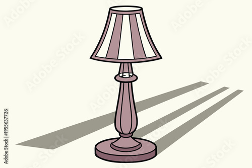 Pink lamp with striped shade and shadow on cream background
