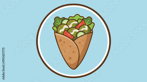 Delicious falafel wrap icon. Healthy vegetarian street food illustration with fresh greens and savory chickpea patties for culinary graphics