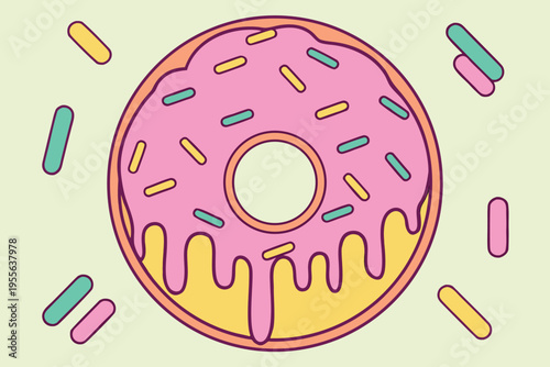 Pink frosted donut with colorful sprinkles and glaze drips on a pale green background