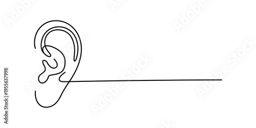 Minimalist continuous line drawing of a human ear isolated on a simple white background canvas