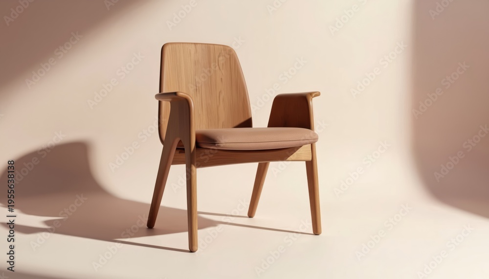 Obraz premium Minimalist wooden chair with light brown cushion stands on white backdrop. Soft light creates shadows. Modern design furniture mockup isolated for interior design concept.