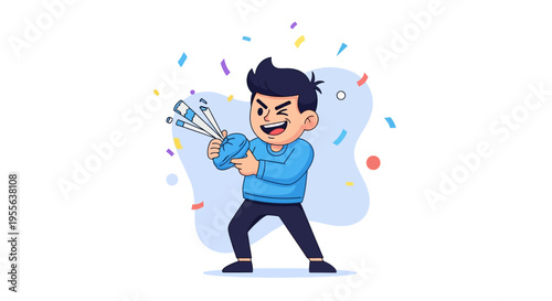A cartoon man in a blue shirt playfully holds a handful of colorful confetti and ribbons on April Fools' Day with a joyful smile