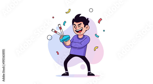 A cartoon man holding a blue whoopee cushion with colorful confetti and balloons around him on April Fools' Day in a funny prank illustration vector