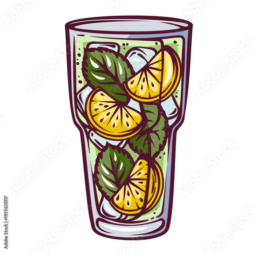 Mojito cocktail in tall glass with mint leaves, citrus slices and ice cubes in retro style. Bar menu, summer drink card and cocktail design with mojito, vector illustration
