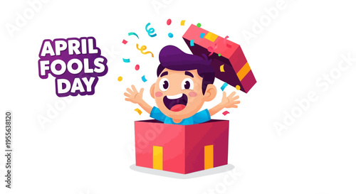 A cheerful cartoon character emerges from a colorful gift box on April Fools' Day with a joyful expression and celebratory confetti