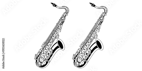 A pair of detailed black and white line art illustrations of identical alto saxophones side by side