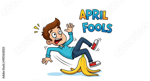 A cartoon man slipping on a banana peel with a shocked expression on April Fools' Day