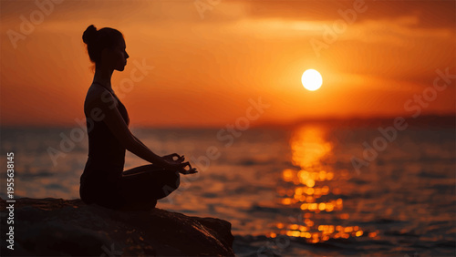 Woman meditates on beach at serene sunset with calm ocean waves reflecting golden light