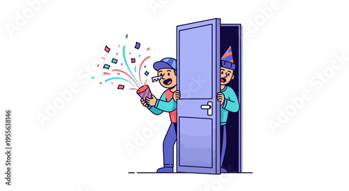 Cartoon man in party hat holding confetti popper behind open door with colorful balloons and streamers on April Fools' Day