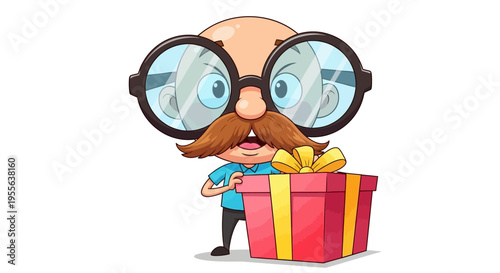 Cartoon illustration of a cheerful man with a mustache and glasses standing behind a red gift box with a yellow ribbon on April Fools' Day