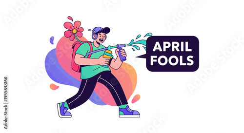A colorful illustration of a man playing a prank with a water gun on April Fools' Day with a joyful and playful mood