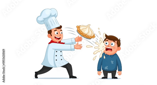 A cartoon chef throws a pie at a surprised man on April Fools' Day in a funny prank illustration with colorful design elements
