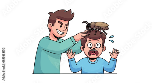 A man playfully surprises another man with a pie on April Fools' Day, both expressing exaggerated shocked and amused reactions in a colorful, cartoonish illustration with a humorous