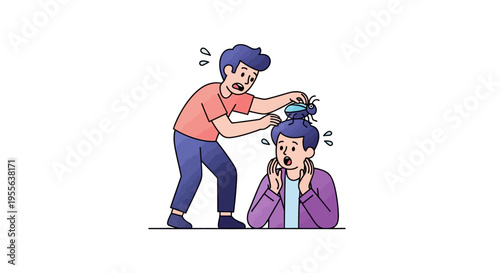 Cartoon illustration of a man surprising another with a prank on April Fools' Day, conveying a funny and shocking moment