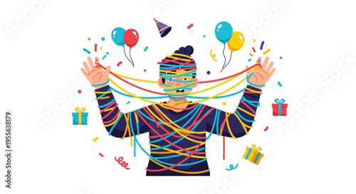 A colorful cartoon character wrapped in multicolored streamers with a surprised expression celebrates April Fools' Day with balloons and gifts in a joyful scene