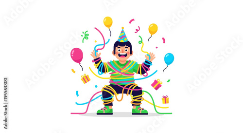 A colorful cartoon character in a party hat celebrates April Fools' Day with balloons and streamers, conveying a joyful and playful mood