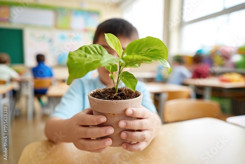 A child in a blue t-shirt holds a pot with a large green plant with both hands in primary school ecology and natural science lesson