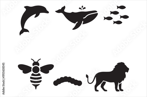 Stylized silhouettes of marine life insects and a majestic lion