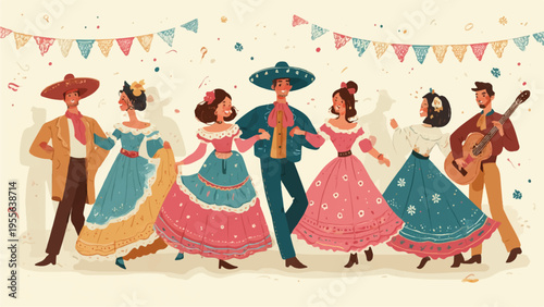 Vibrant mexican fiesta scene with dancers and musician under colorful banners