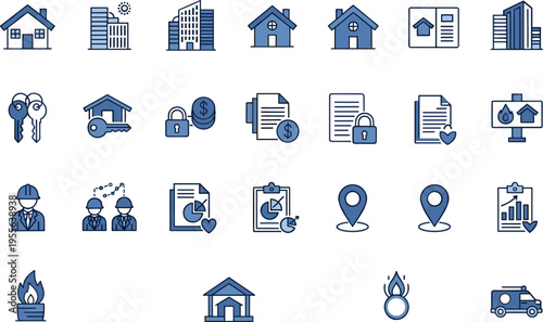Real estate and property management icon set featuring houses, buildings, mortgage, insurance, location, investment and construction concepts