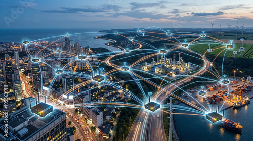Network of Connected Devices and Cities at Dusk