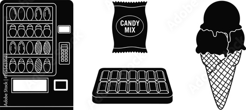 Vending machine with snacks candy bag chocolate bar and ice cream cone isolated black vector silhouette illustration for retail food industry and dessert design