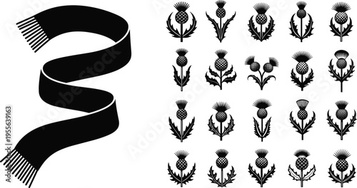 Fotografie Scottish thistle and tartan scarf vector set featuring traditional Scotland symb