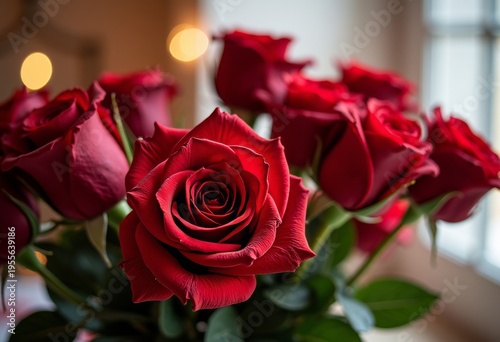 Floral decoration for Valentine’s Day with red roses, neutral lighting
