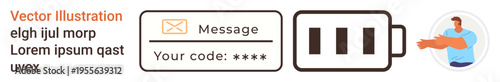 Email communication, identity authentication, secure login, cybersecurity, verification processes, recipient message. Visual elements include an email icon, code input, battery symbol