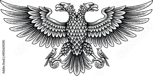 Vintage Hand Drawn Double Headed Eagle Heraldic Crest Illustration with Spread Wings and Detailed Feathers in Woodcut Engraving Style for Royal Emblem Design Graphics