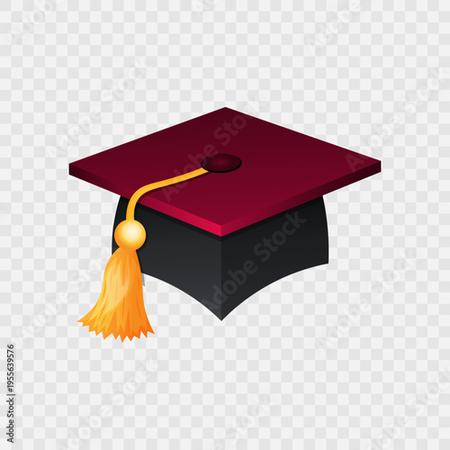 Red graduation cap isolated on transparent background.  Graduation hat  icon with gradient effect. School, college or  university graduation ceremony sign. Educational sticker. Vector illustration