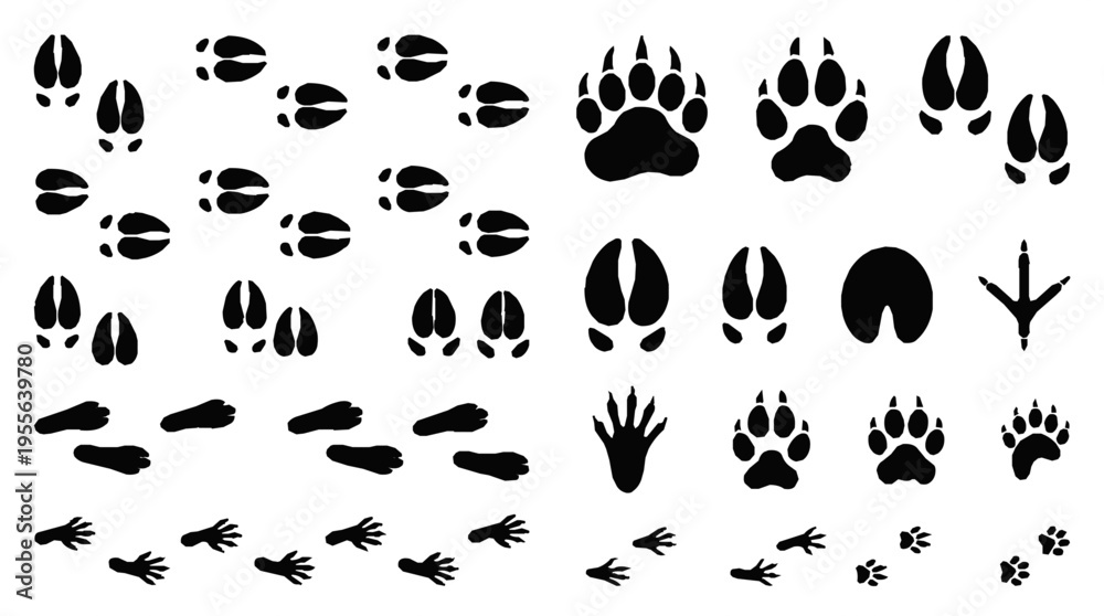 Fototapeta premium Wildlife trail print collection set with various animal footprints and tracks on white background for outdoor and nature designs