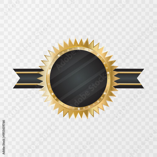 Black and golden label with ribbon isolated on transparent background. Golden luxury tag template. Elegant badge. Golden label. Design element for advertising, bussiness, awards, certificates. Vector 