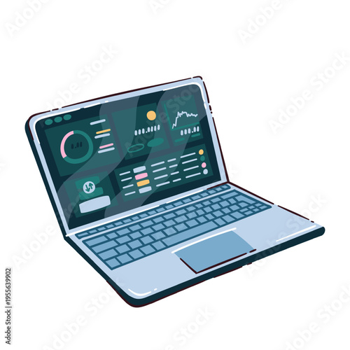 Laptop with crypto dashboard on screen showing charts, widgets and analytics panels. Trading, blockchain finance and market overview design with laptop with crypto dashboard, vector illustration