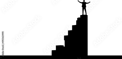 Businessman Climbing Bar Graph Stairs Silhouette, Career Success and Corporate Growth Strategy