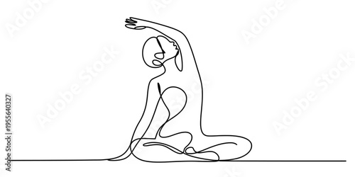 A minimalist single line drawing of a person practicing yoga in a seated side stretch position Vector, illustration