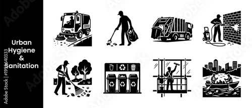 Collection of urban cleaning and sanitation icons representing waste management and recycling