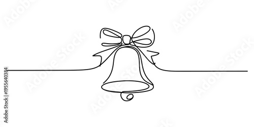 A single continuous line drawing of a festive christmas bell decorated with a decorative bow Vector, illustration