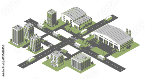 Isometric City Map with Modern Buildings, Roads, and Various Vehicles, Depicting Urban Planning and Infrastructure.