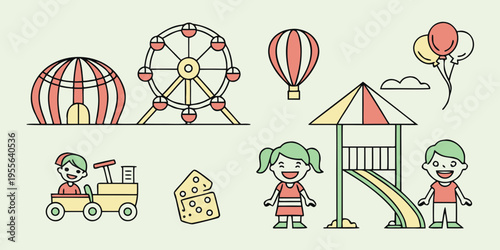 Colorful cartoon of carnival rides and playground