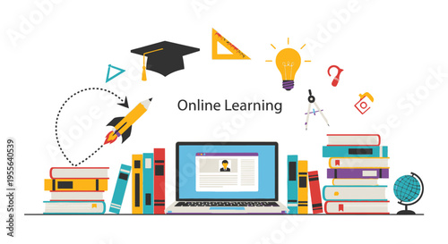 Online Learning Concept with Laptop, Books, Graduation Cap, and Educational Symbols on Isolated White Background.