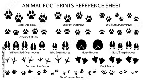 Animal footprints reference sheet with various tracks and hoof prints