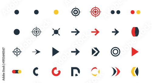 Set of Abstract User Interface and Navigation Elements, Including Arrows and Target Symbols, on an Isolated White Background.
