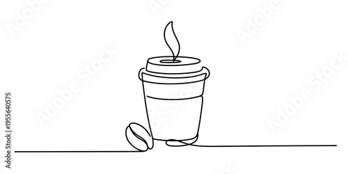 Minimalist one line drawing of a steaming coffee cup with a single coffee bean on white background Vector, illustration